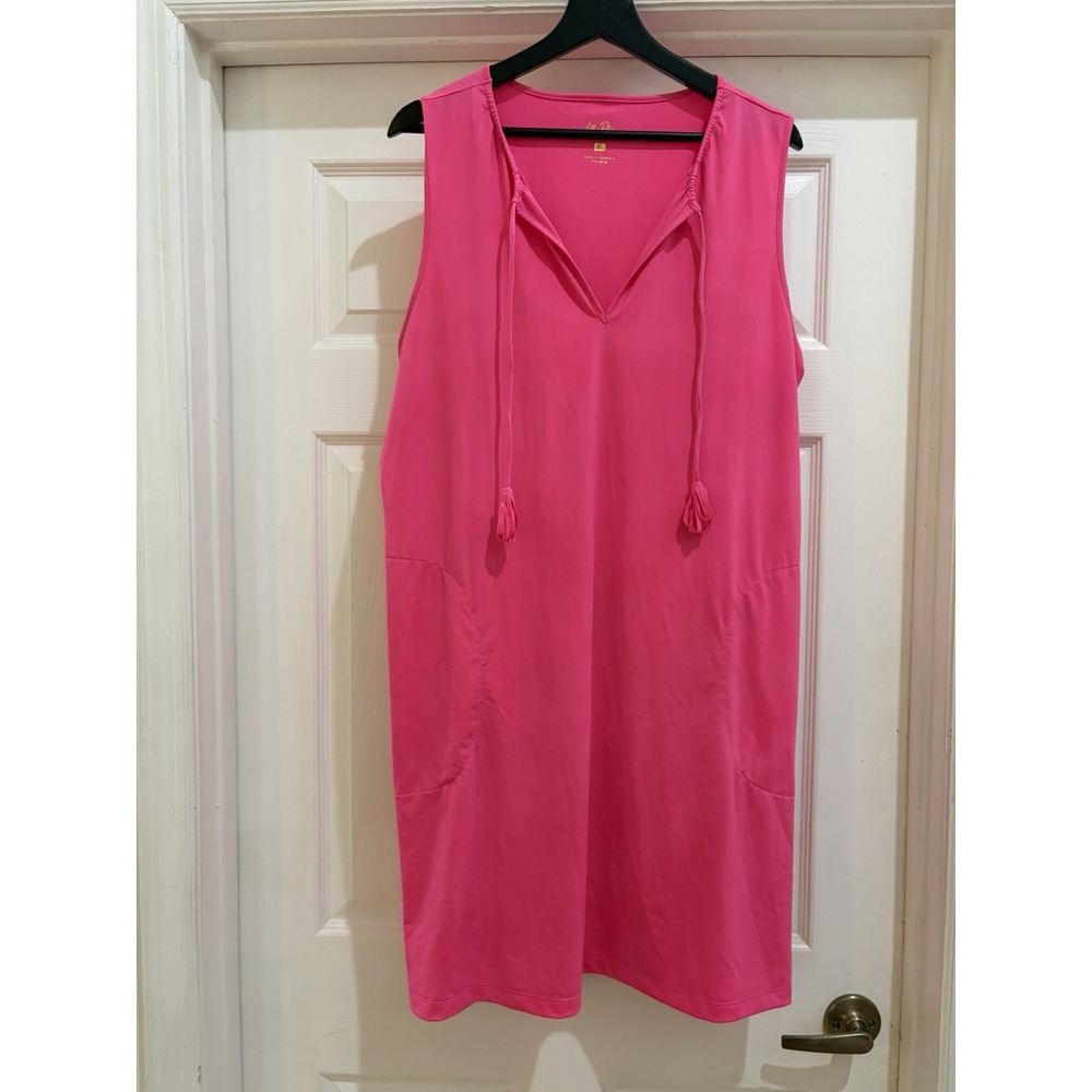 Lilly Pulitzer Pink Solid Sleeveless V-Neck Tassel Shift Dress Women's XL